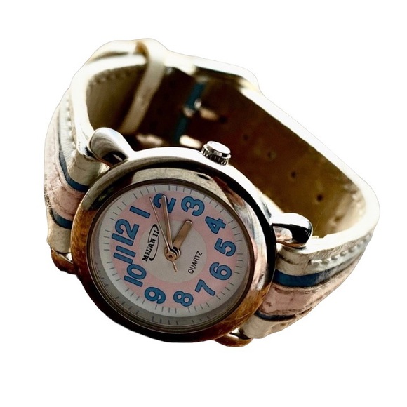 Vintage MILA II Pink Blue White Quartz Watch Stainless Steel Back Accessory - Picture 1 of 10